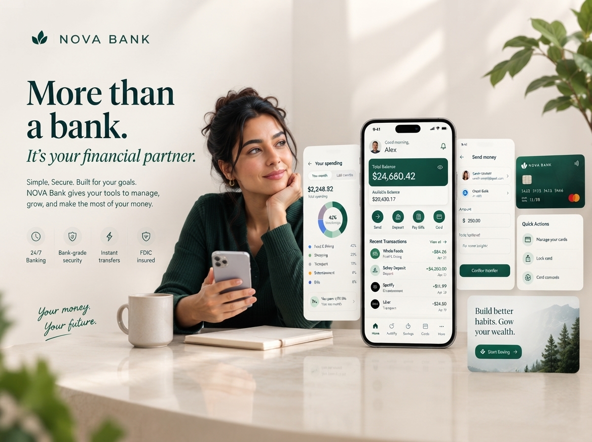 Nova Bank — Mobile Banking App Concept app design banking app banking experience banking ui digital banking digital finance dribbble shot finance app financial app fintech fintech ui mobile app design mobile banking modern banking money management nova bank payment app personal finance product design ui ux design