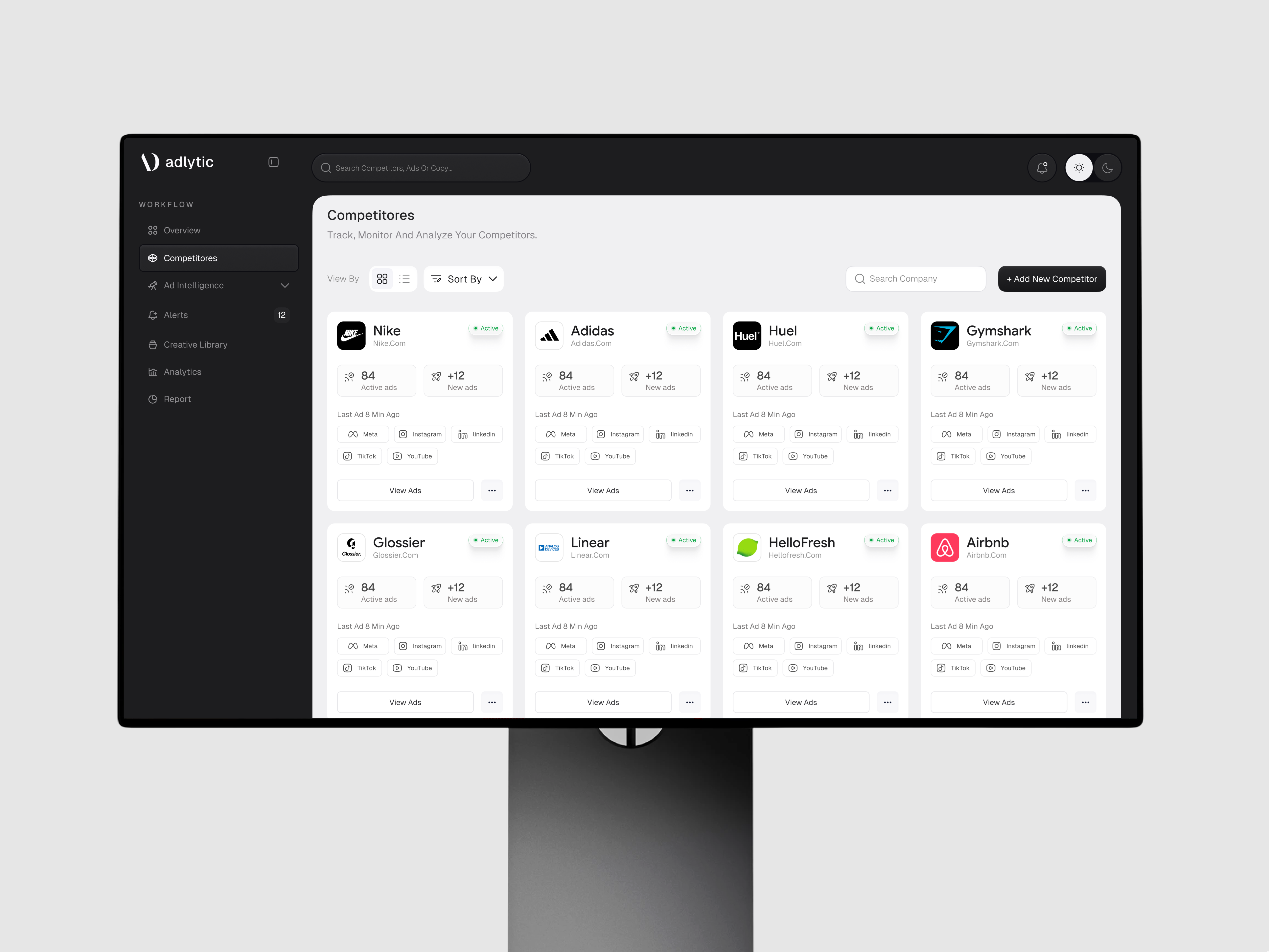 Competitor Insights Dashboard Design ad intelligence ad tracking ui ai ai dashboard ai product analytics platform branding competitive intelligence competitor analysis marketing dashboard mobile app product design web design