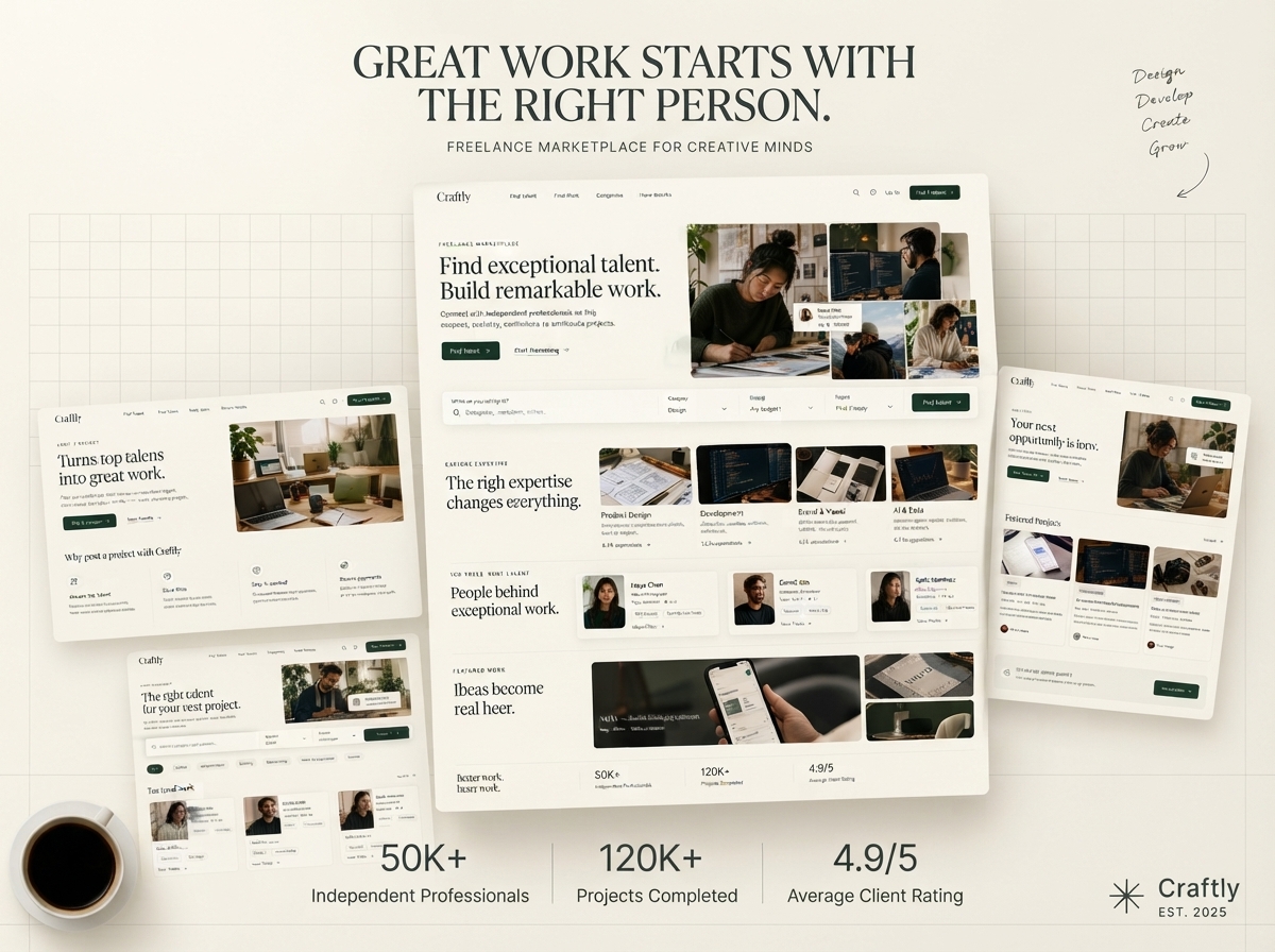 Craftly — Freelance Marketplace Web UI/UX Concept career portal clean design dashboard design system freelance marketplace freelance platform hiring platform job board landing page modern design product design project management remote work saas talent platform uiux user experience user interface web app web design