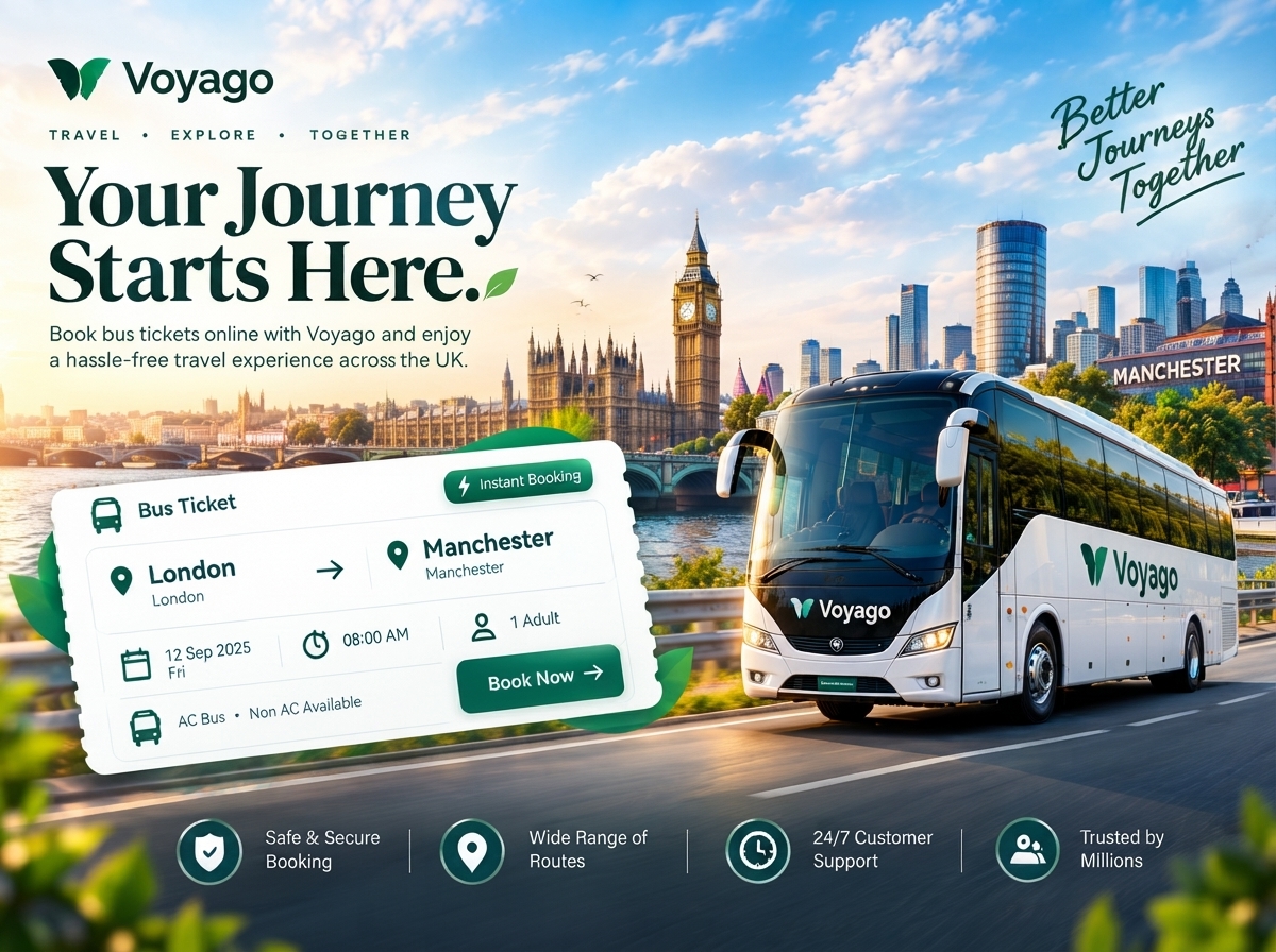 Voyago — UK Bus Travel Booking UI/UX Landing Page booking platform bus booking bus travel clean design destination cards dribbble shot landing page modern ui responsive design transportation travel app travel booking travel experience travel ui travel website uk travel user experience ux design web design website design