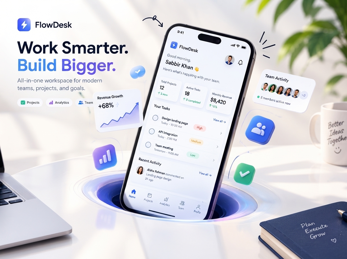 FlowDesk — SaaS Mobile App UI/UX Landing Page Concept 3d design ai assistant analytics dashboard business app dashboard dribbble shot fintech ui landing page mobile app mobile ui product design productivity app saas saas app saas landing page saas product startup ui design ui ux ux design
