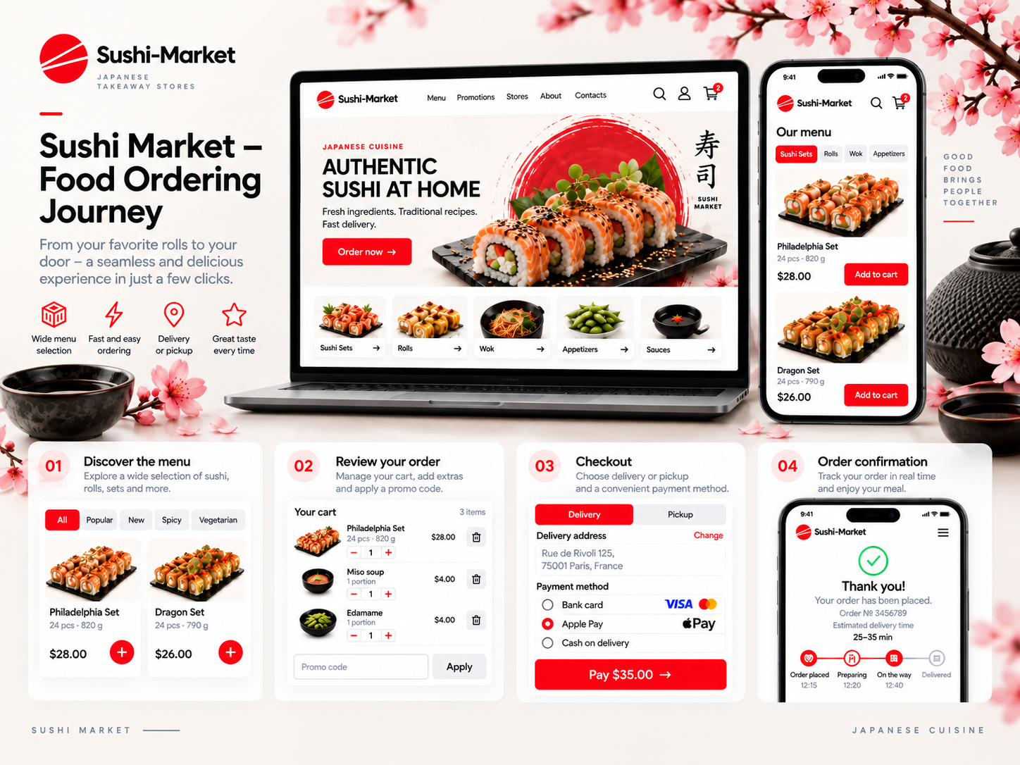 Sushi Market — Food Ordering & Checkout UX checkout delivery app ecommerce ecommerce design food app food delivery food ordering mobile app online ordering order tracking product design responsive design restaurant app restaurant website sushi sushi market ui web app
