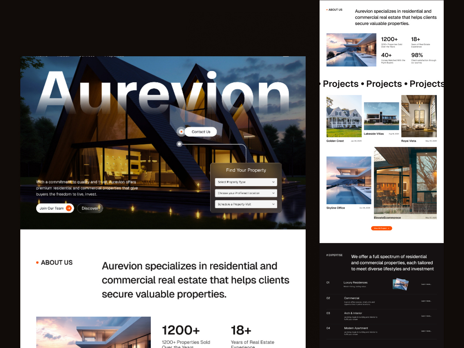 Aurevion — Luxury Real Estate, Redesigned editorial design figma landing page luxury property luxury real estate minimal design modern website premium design property property listing property website real estate real estate branding real estate design real estate website responsive design ui ux visualsage visualsageagency web design