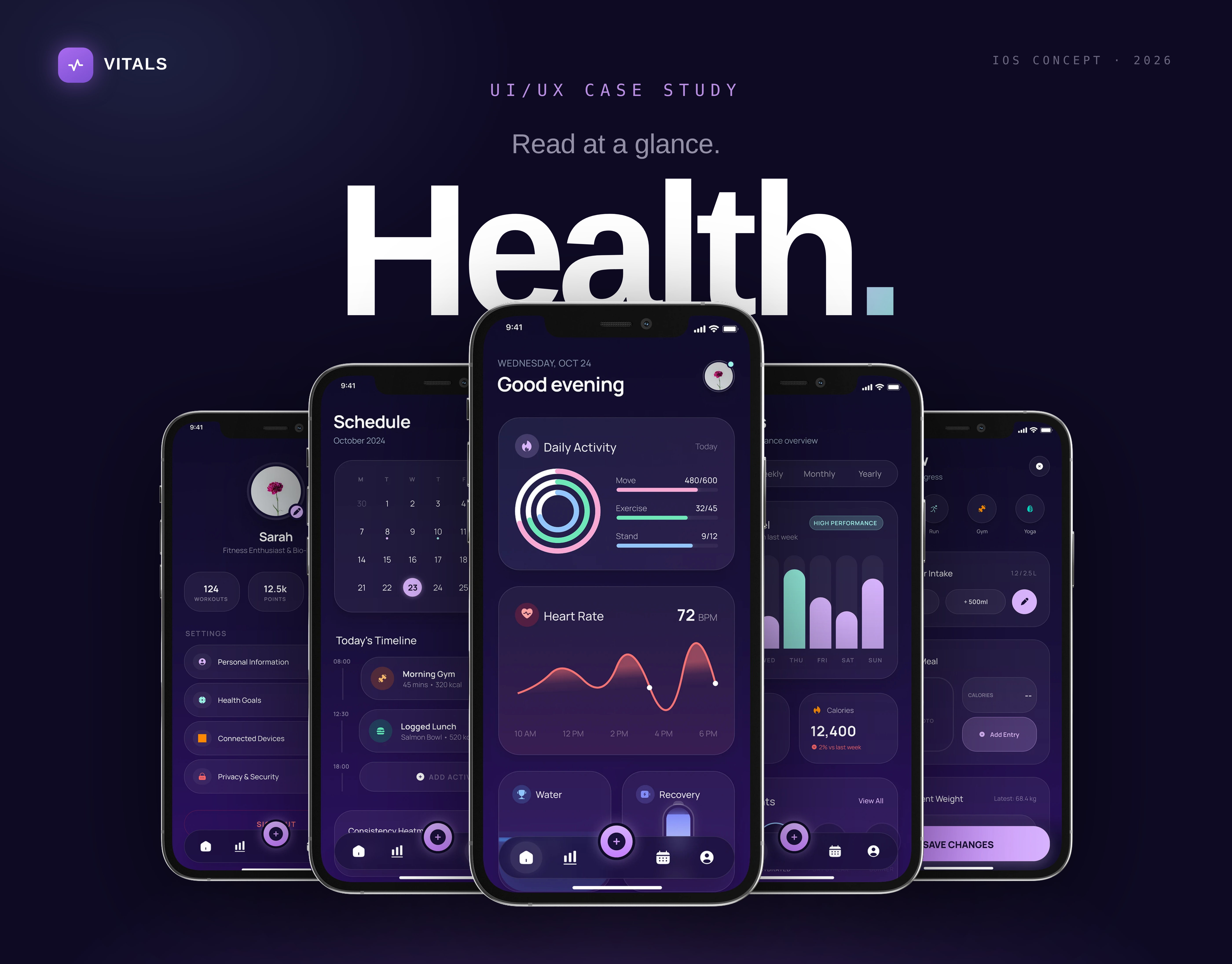 Vitals - Health Tracker & Fitness - Case Study UI UX android case study design figma fitness health health tracker heart rate ios mobile mobile app mobile design monitor pulse purple uiux workout