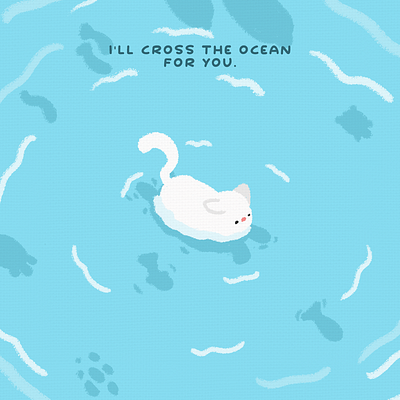 Mr. Cat will Cross the Ocean 2d animal blue cat crayon cute fish flat graphic design illustration love minimal ocean poster swim water