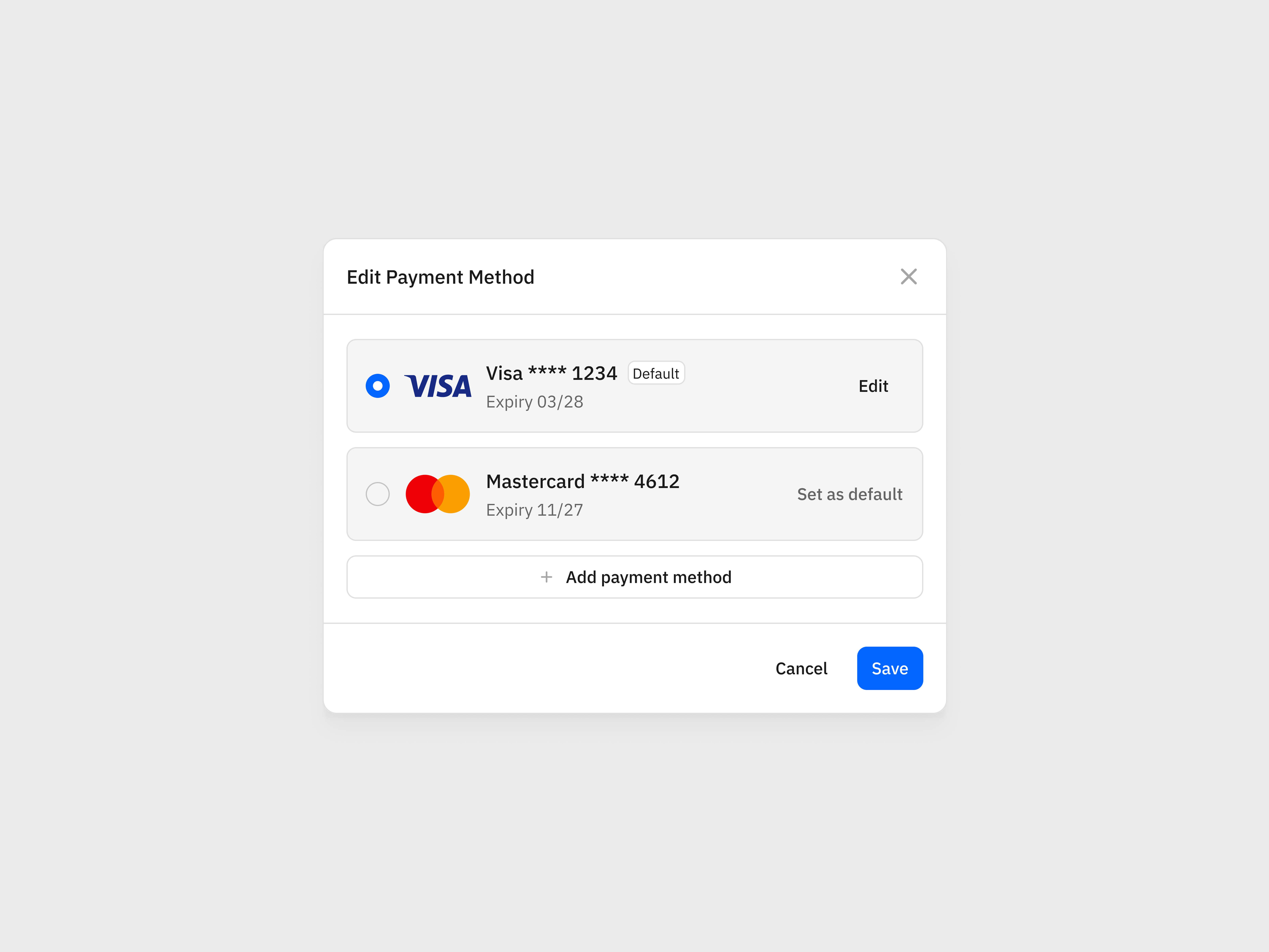 Edit Payment Method - Modal add card card card add design light mode modal payment payment method product design select card ui ui design uiux uiux design ux design