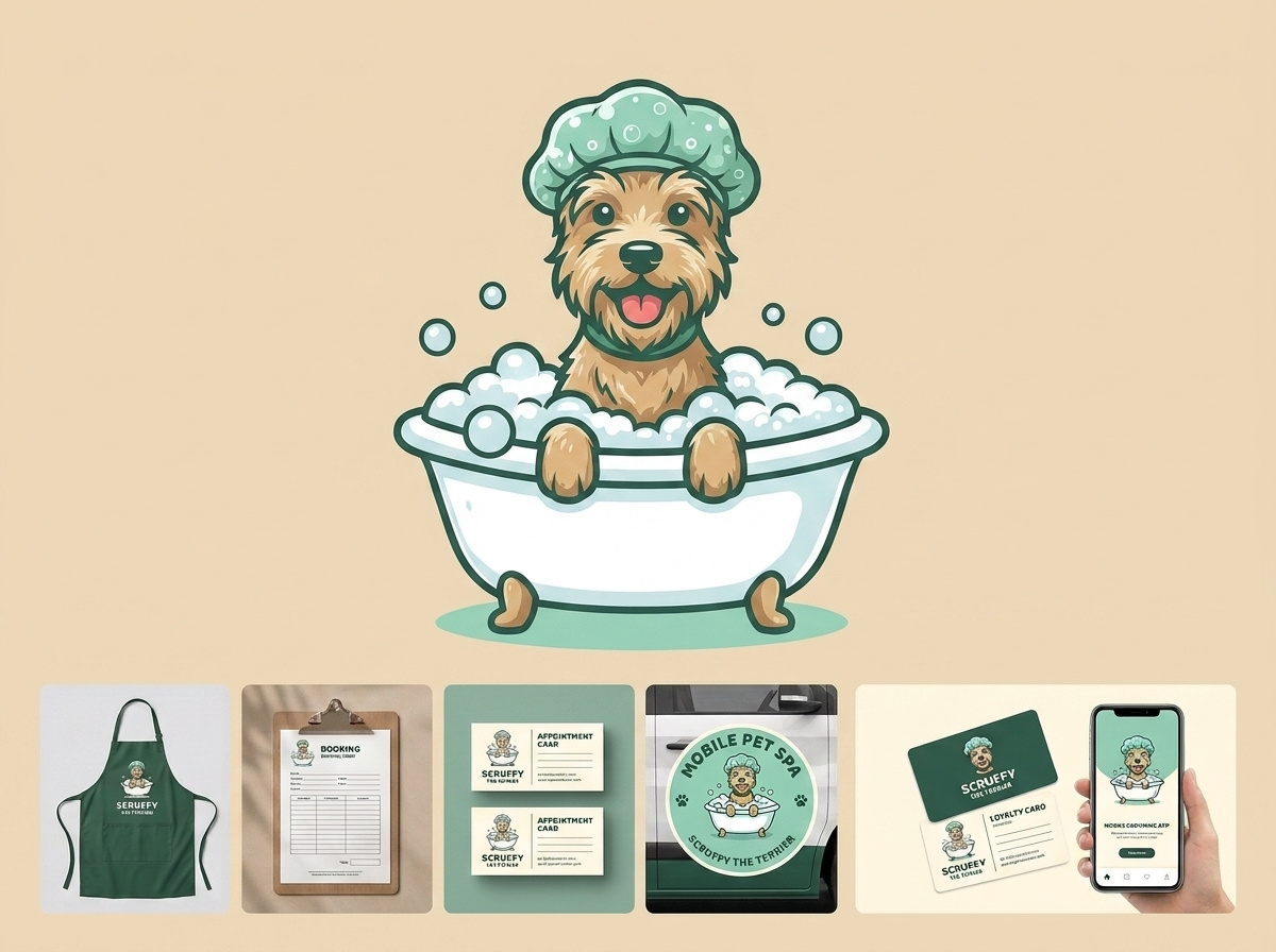 Scruffy the Terrier - Mobile Pet Spa Mascot & Brand Identity bento grid presentation custom mascot cute dog character dog grooming logo dog illustration dog logo design dog mascot grooming apron loyalty card design mascot character design mobile pet spa modern mascot logo pet app ui pet care branding pet grooming logo pet spa branding scruffy the terrier terrier logo van wrap design vector mascot