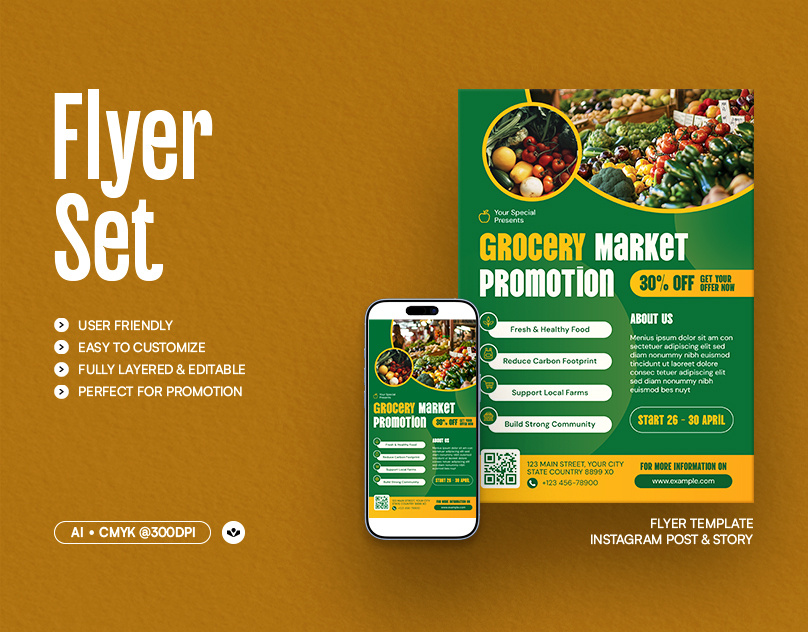Grocery Market Promotion Flyer design event farm flyer fruit grocery market promotional solasome template vegetable