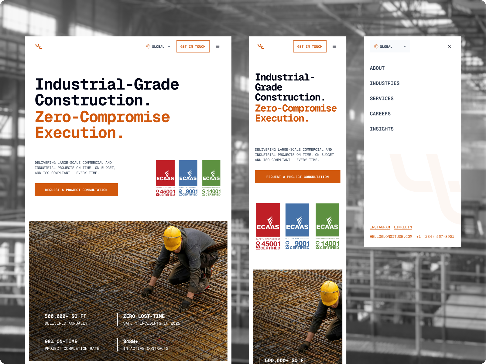 Construction Landing Page b2b website bold typography construction company construction website corporate website hero section industrial design industrial website landing page minimal website mobile app design monospace typography navigation menu responsive design web design website concept website redesign