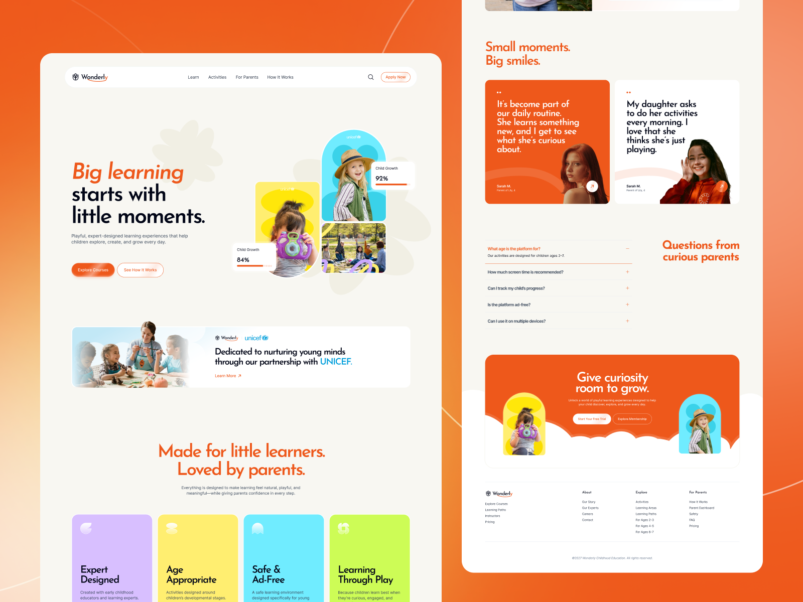 Early Learning Landing Page children education colorful ui e learning platform edtech design education website faq design friendly branding hero section kids website landing page learning platform parenting app playful design testimonial section ui design ux design warm color palette web design website concept website design