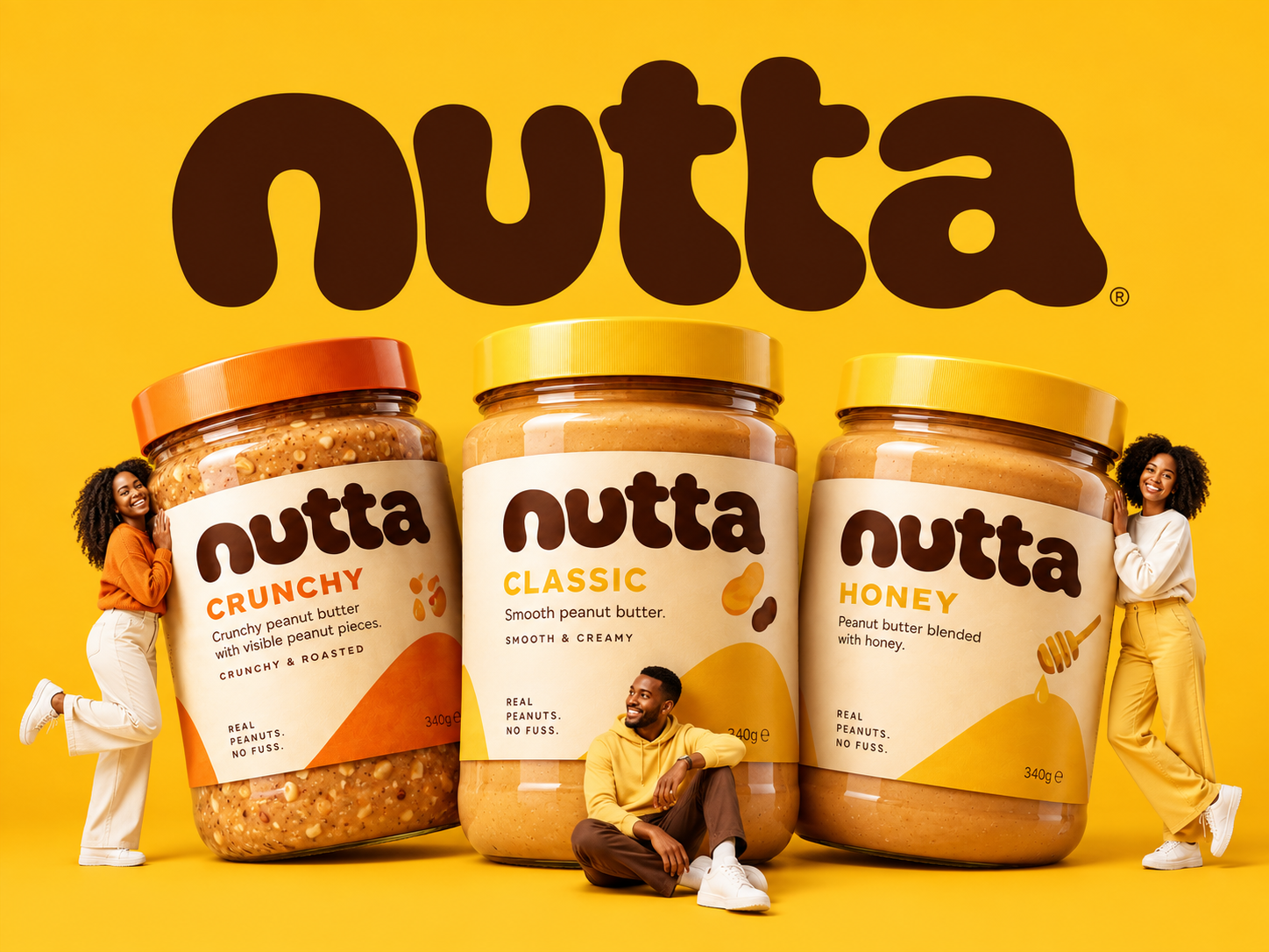 NUTTA - Peanut Butter Brand Identity, Logo Design, Packaging advertising billboard design brand identity branding cpg branding dribbble designer fmcg food branding full brand identity design graphic design illustration label design logo design packaging designer peanut butter poster design product design social media design visual identity