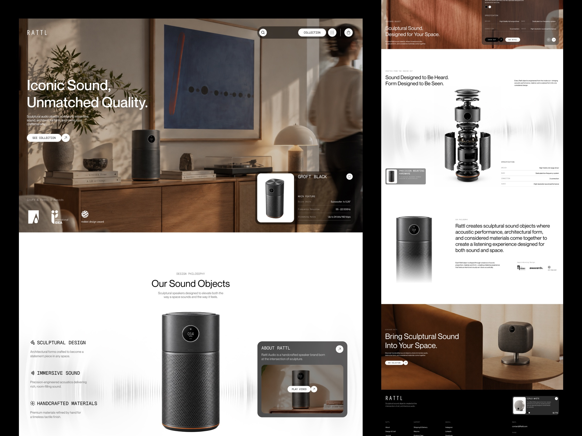 Rattl - Luxury Clean Speaker Product Ecommerce Website Design UI company website ecommerce ecommerce website editorial elegant landing page luxury minimalist modern modern website product design product website professional shopify shopify website ui web design website website design website designer
