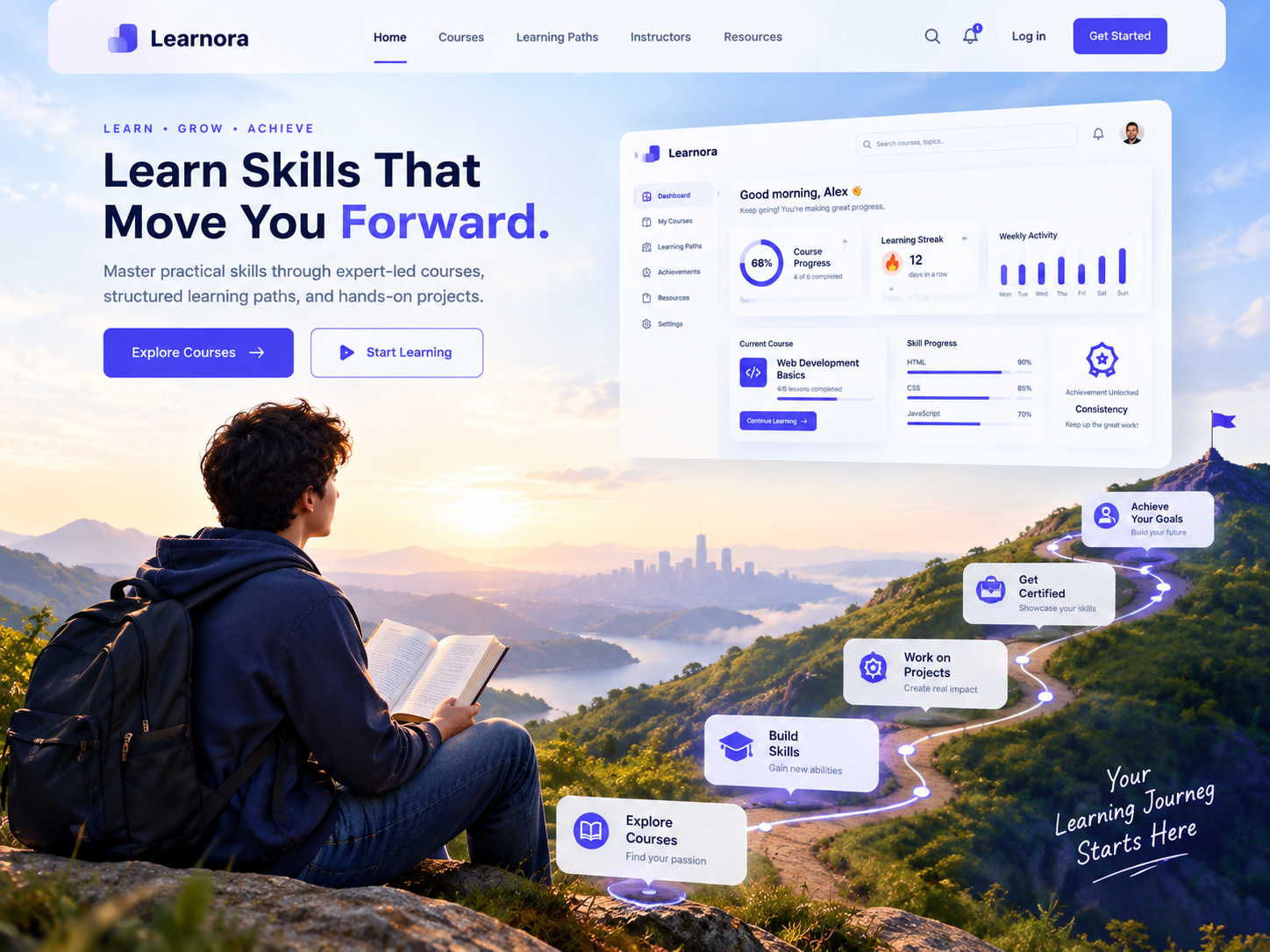 Learnora - Online Learning Platform Landing Page UI/UX cleanminimal coursewebsite creative dailiuui digitaldesign edtech educationwebsite figma interfacedesign landingpage learningplatform modernweb productdesign ui uikit userexperience userinterface ux webdesign webui