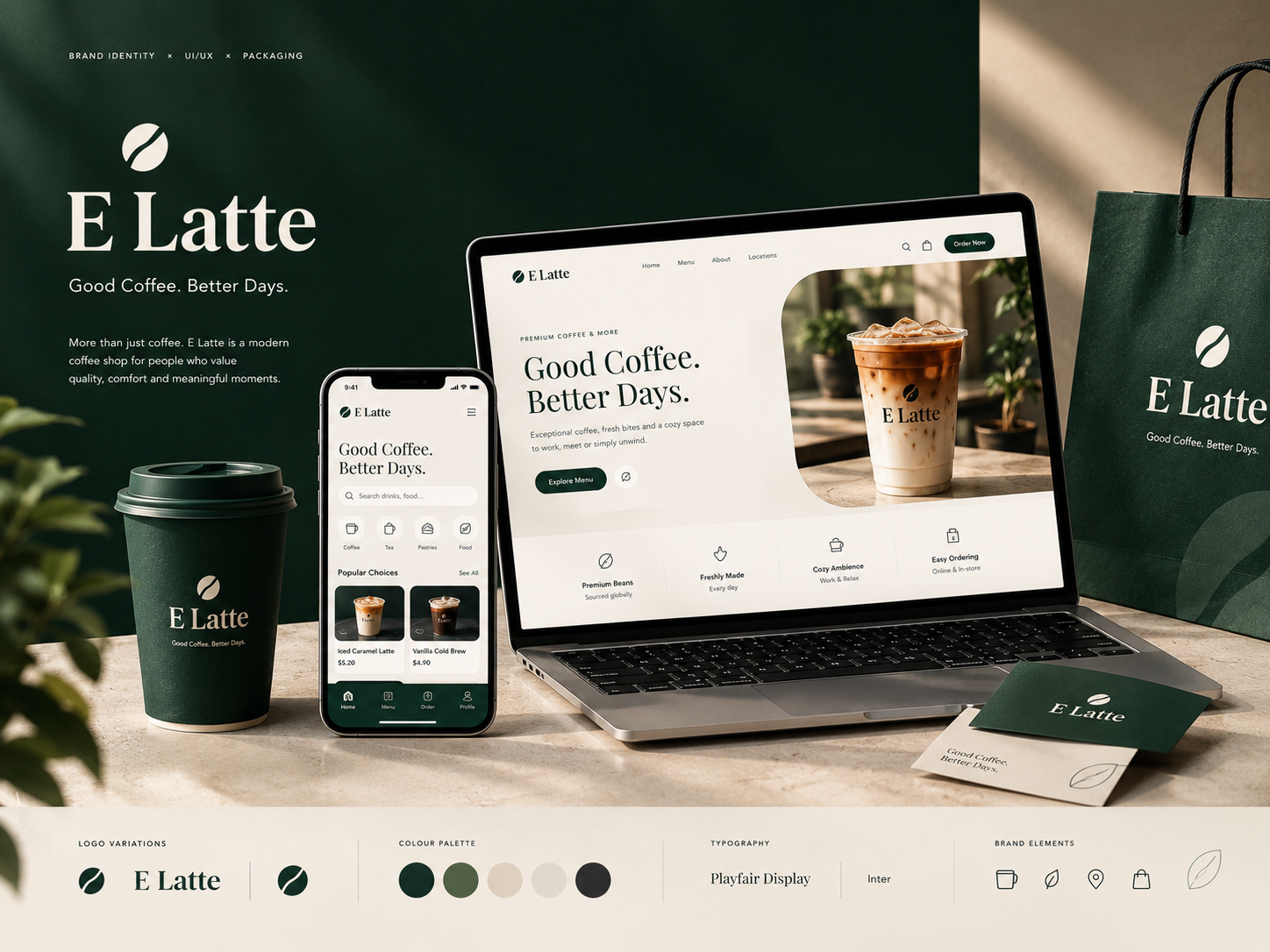 E Latte — Modern Coffee Shop Branding & Digital Experience branddesign brandidentity branding cafebranding cafedesign coffeebranding coffeeshop coffeeui dribbble figma logodesign menudesign minimalbranding mobileui packagingdesign uidesign uiux uxdesign visualidentity webdesign