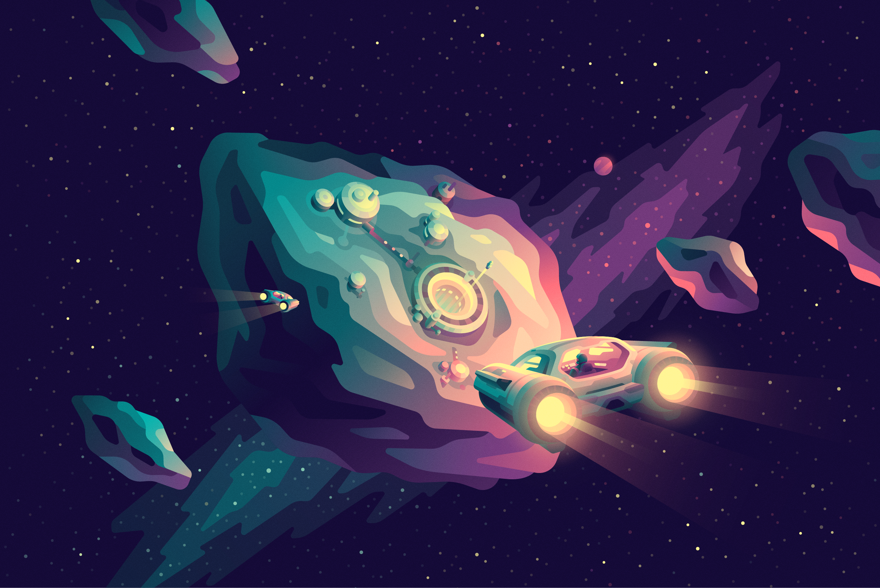 Asteroid Station 2d adobe illustrator art asteroid color concept art digital art future gradients illustration scifi space spaceship stars vector vector art