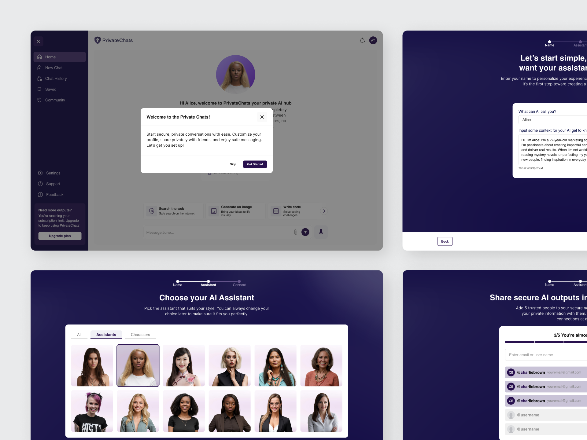 Private Chats — Secure Onboarding & Anonymous Access ai product assistant llm onboarding signup flow uxui web app