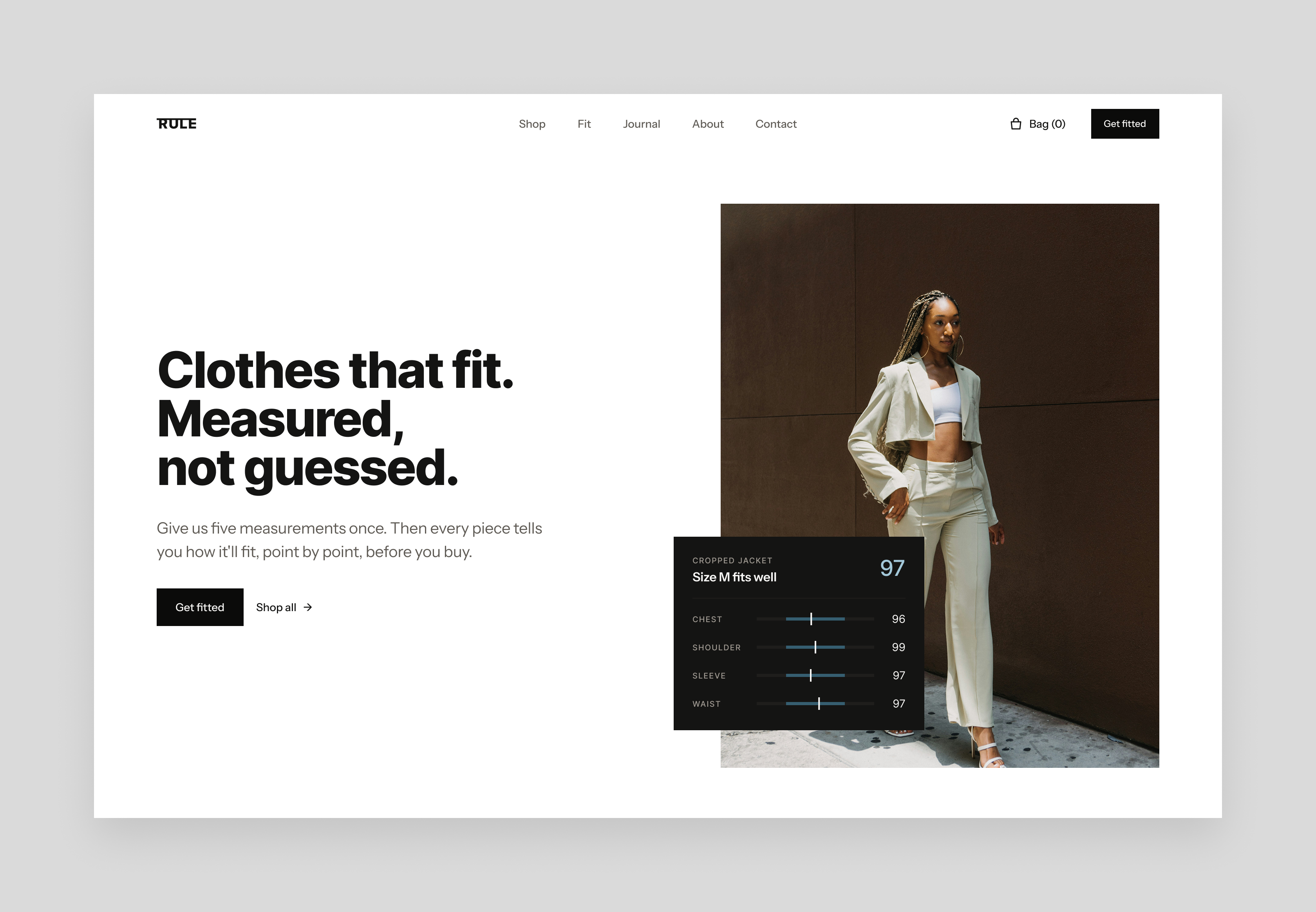 Fit-first fashion e-commerce (RULE) branding ecommerce fashion fashion ecommerce landing page marketing page product design saas shopping sizing ui web design