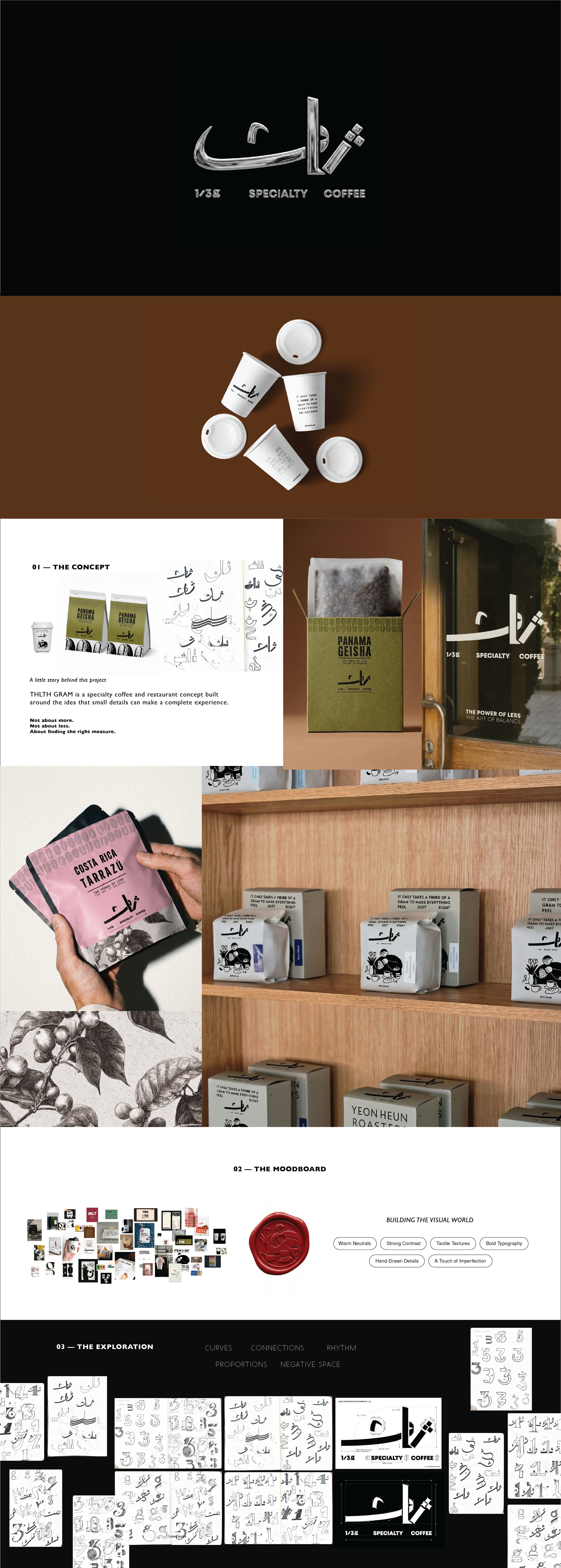 THLTH GRAM — Specialty Coffee Brand Identity | UAE arabic brand identity arabic logo design brand mascot design branding coffee packaging design coffee shop identity custom arabic lettering food beverage branding graphic design illustration branding logo specialty coffee branding uae brand design
