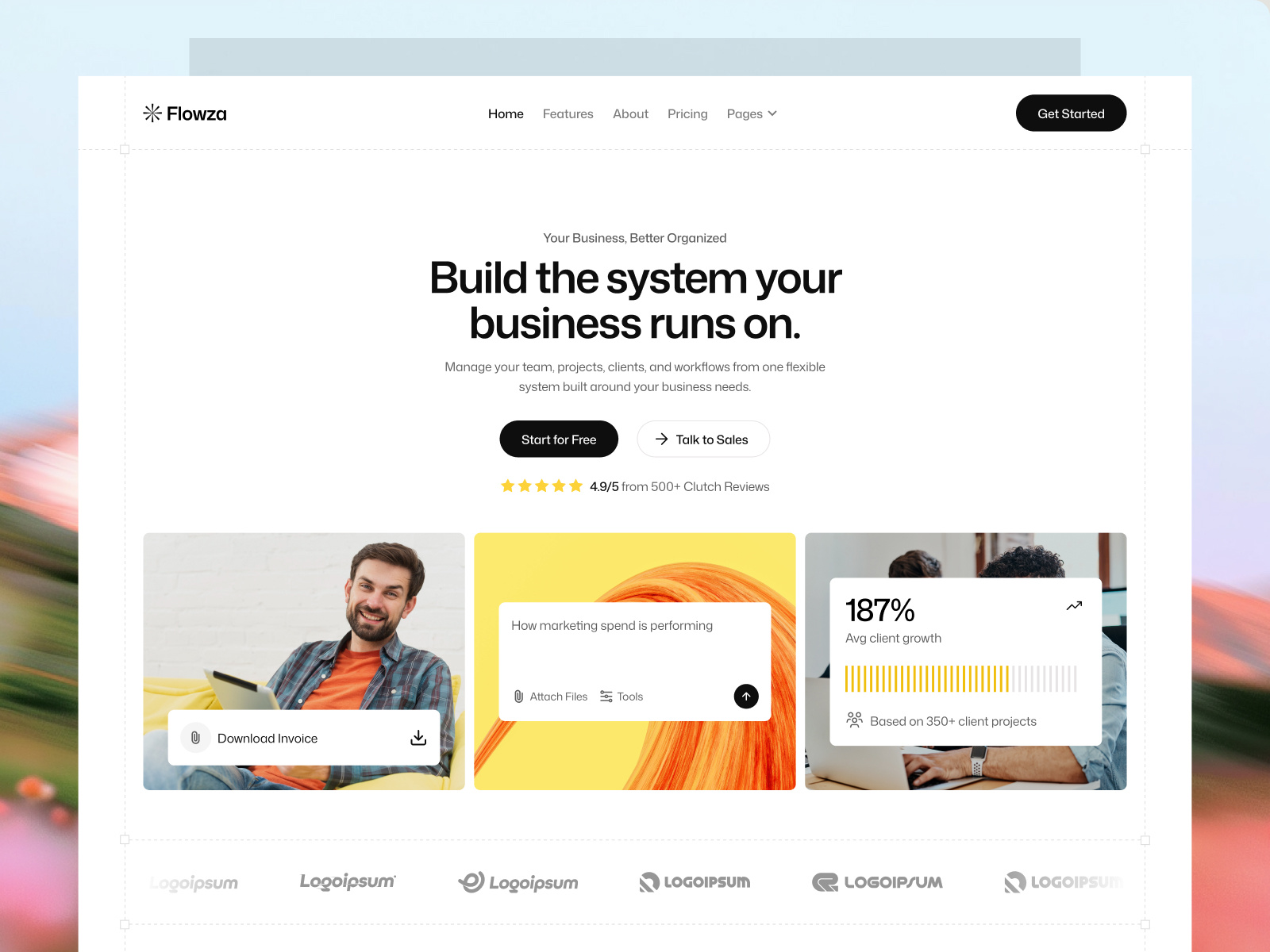 Flowza | SaaS Website Design business management dashboard flowza landing page productivity saas saas website ui design uiux web design website design