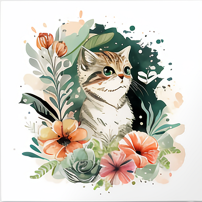 Cute Cat Watercolor with Flower Clipart beautiful