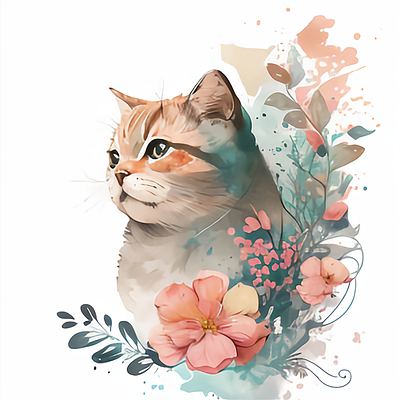 Cute Cat Watercolor with Flower Clipart hand