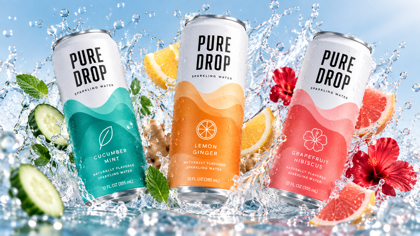 Pure Drop — Sparkling Water Can Packaging Design beverage packaging brand identity can design cpg branding drink packaging label design minimal design mockup packaging design packaging designer product design sparkling water