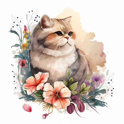 Cute Cat Watercolor with Flower Clipart fun