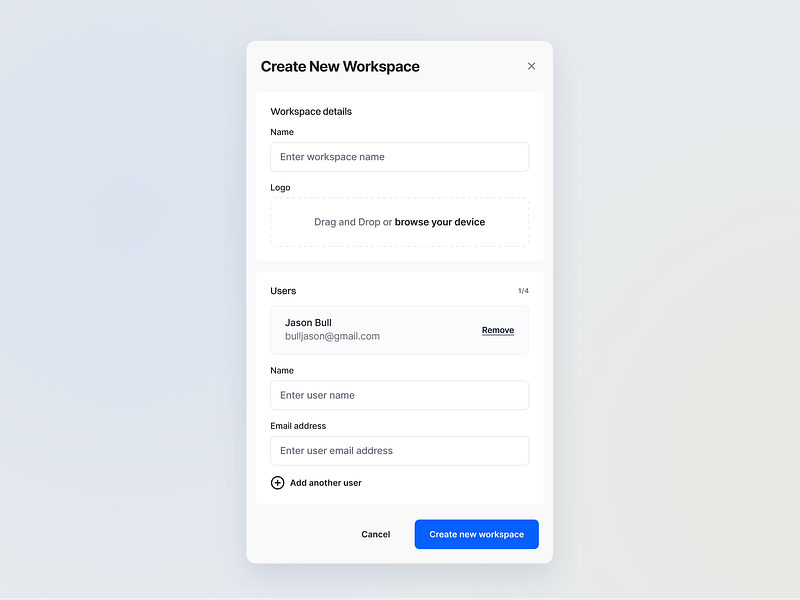 Create new workspace modal - Accounting Web App accounting application button cash create create new design desktop form modal modern money pop up popup ui ui design ux ux design web app webapp