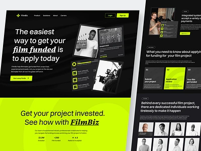 FilmBiz - Film Crowdfunding Landing Page clean crowd funding dark mode film filmmaker funding fundraising kickstarter landing page minimalist product saas ui web concept website