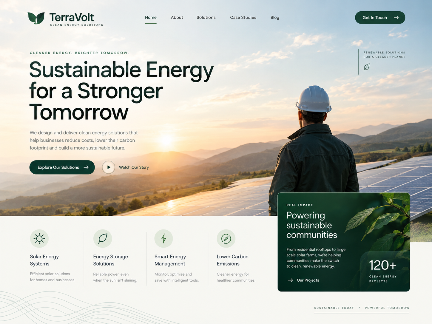 TerraVolt - Clean Energy & Solar Solutions Web UI/UX b2b website design clean energy website clean layout desktop ui eco website design environmental ui forest green ui green tech web design landing page design modern typography product design renewable energy ui responsive web design solar energy ui solar web design sustainability website ui design ui ux design ux design web layout