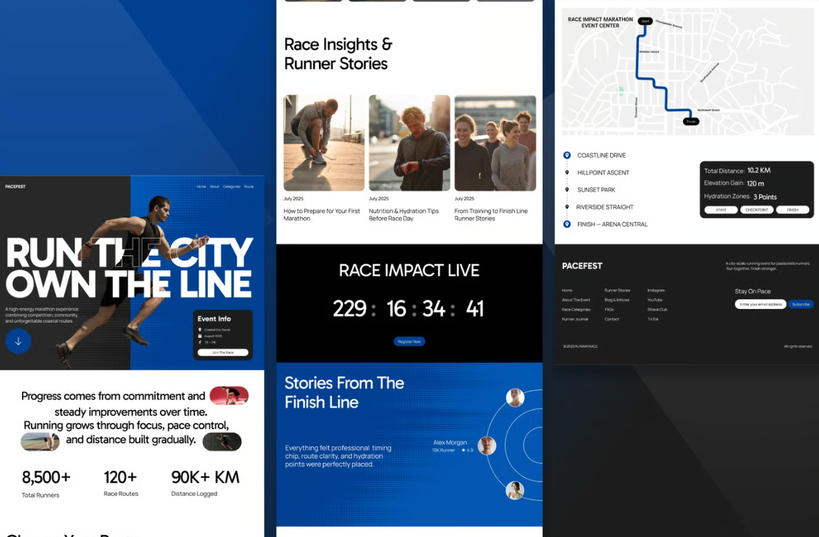 Running Event App Landing Page 3d animation ap app branding dashboard design graphic design illustration logo minimal motion graphics typography ui uiux vector web web design website website design