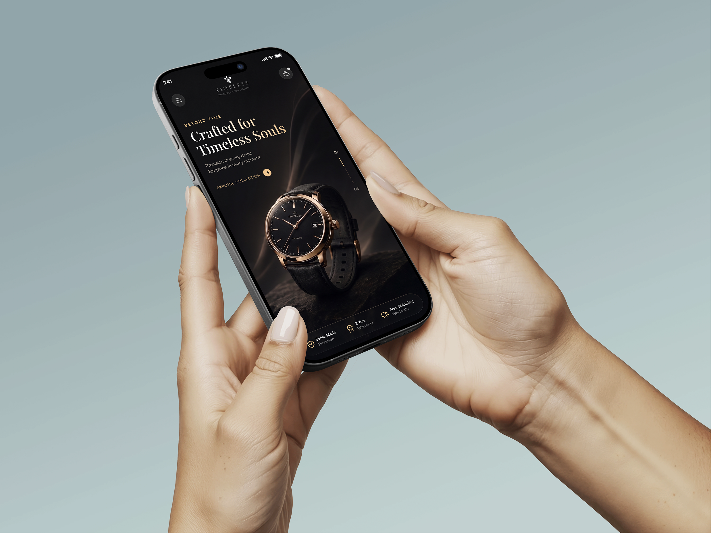 Timeless Luxury Watch App appdesign darkmode ecommerce figma luxurydesign luxuryui minimaldesign mobileapp productdesign ui ux watchapp