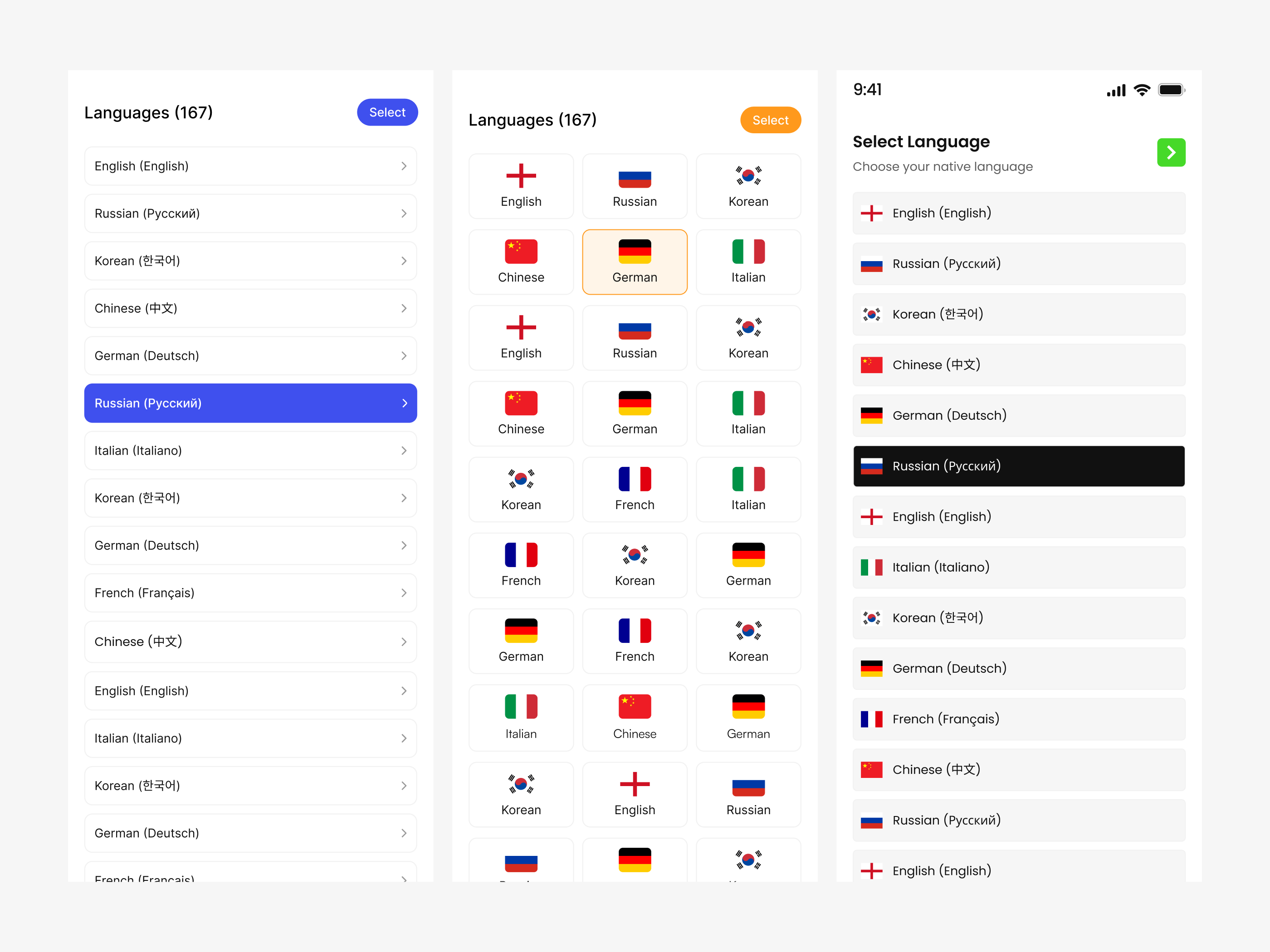 Language Selection UI | Mobile App UX accessibility app design dark mode figma interaction design language picker language screen language selection language selector mobile app mobile ui mobile ux onboarding product design ui design user interface ux design