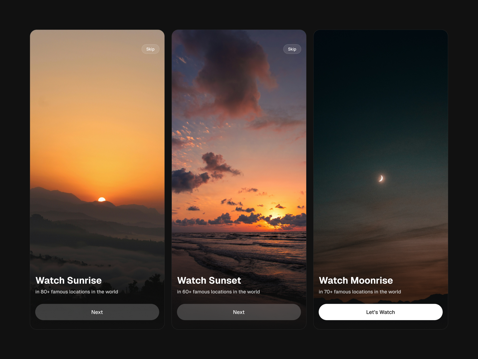 SkyScape | Mobile App Onboarding app design app onboarding dark mode figma glassmorphism ios app microinteractions mobile ui nature app onboarding skyscape skyscape | mobile app onboarding sunrise sunset travel app ui design ui kit watching app