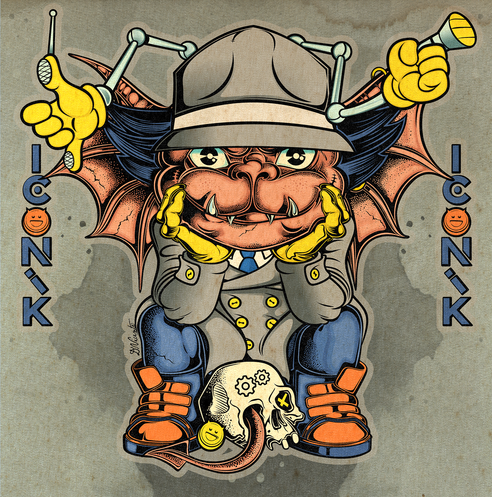 WILD CHILD ICONIK #26 - INSPECTOR GADGET cartoon art character design creature design cybernetic character detailed linework detective art digital illustration gadget design gargoyle art go go gadget iconik illustration inspector gadget lowbrow art monster illustration pop culture art retro cartoon stippling art vintage texture wild child