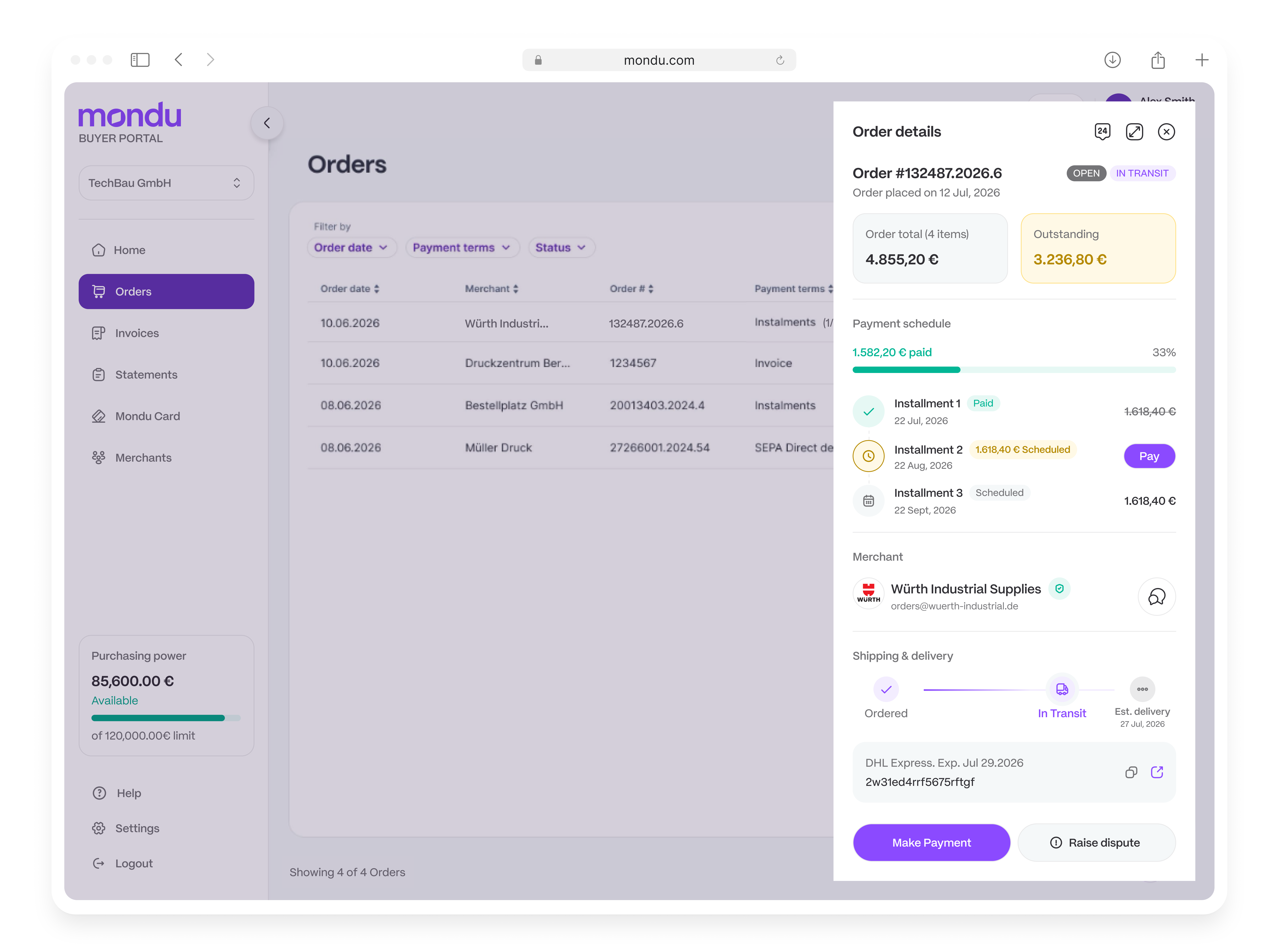Mondu Buyer Portal b2b design fintech procurement saas