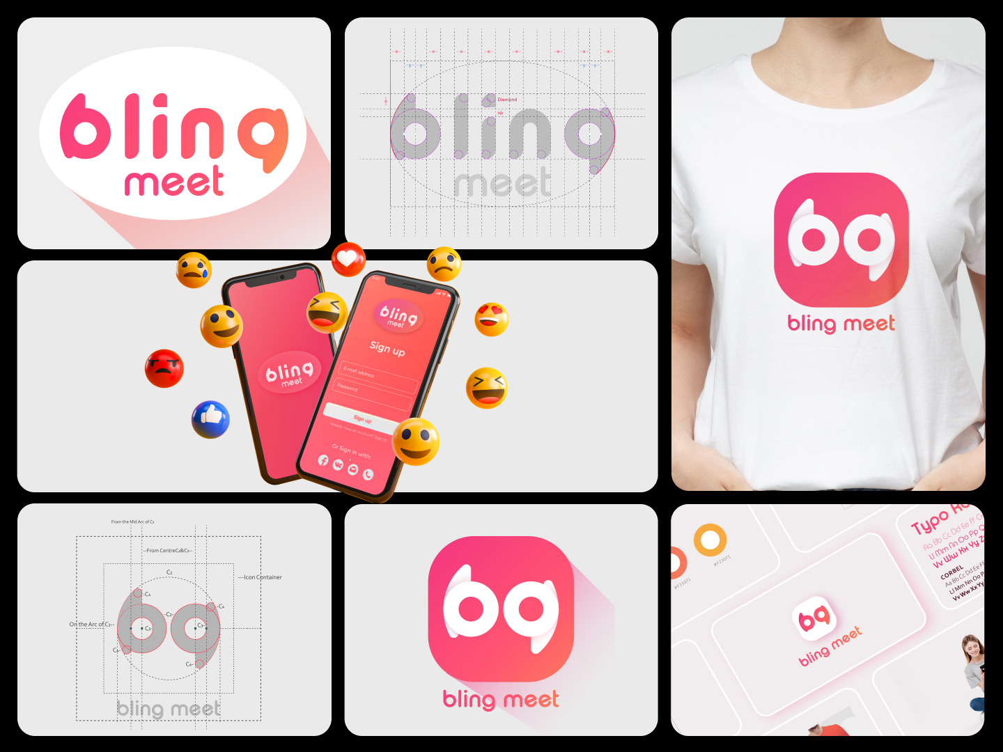 Bling Meet (Dating App + Brand Identity) 🇮🇹 app icon app logo bg logo bling logo brand identity branding dating app design graphic design identity identity design italian app letter b logo logo construction logo grid typography ui vector wordmark logo