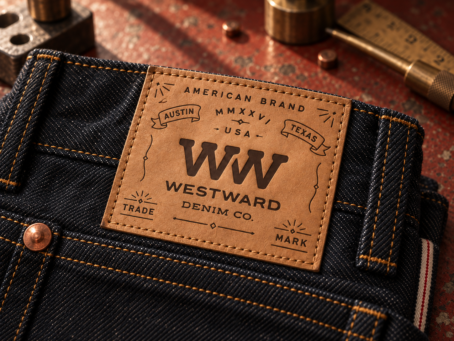 Westward Denim Co. Leather Patch & Hang Tag Design american cowboy denim graphic design illustration leather midwest patch tag vintage west western