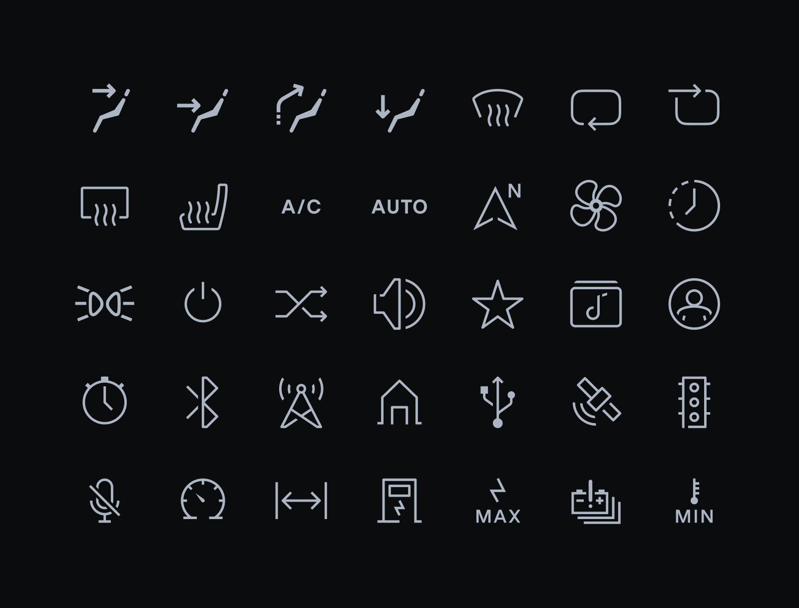 Piëch Mark Zero — ninety icons on one construction grid automotive hmi design system grid icon design icon set keyline ui icons