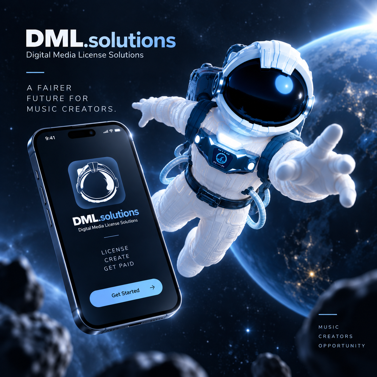DML SOLUTIONS™ Mobile App 3d 3d modeling animation astronaut blender branding character design character modeling figma graphic design logo mascot mobile app space spaceman ui ux