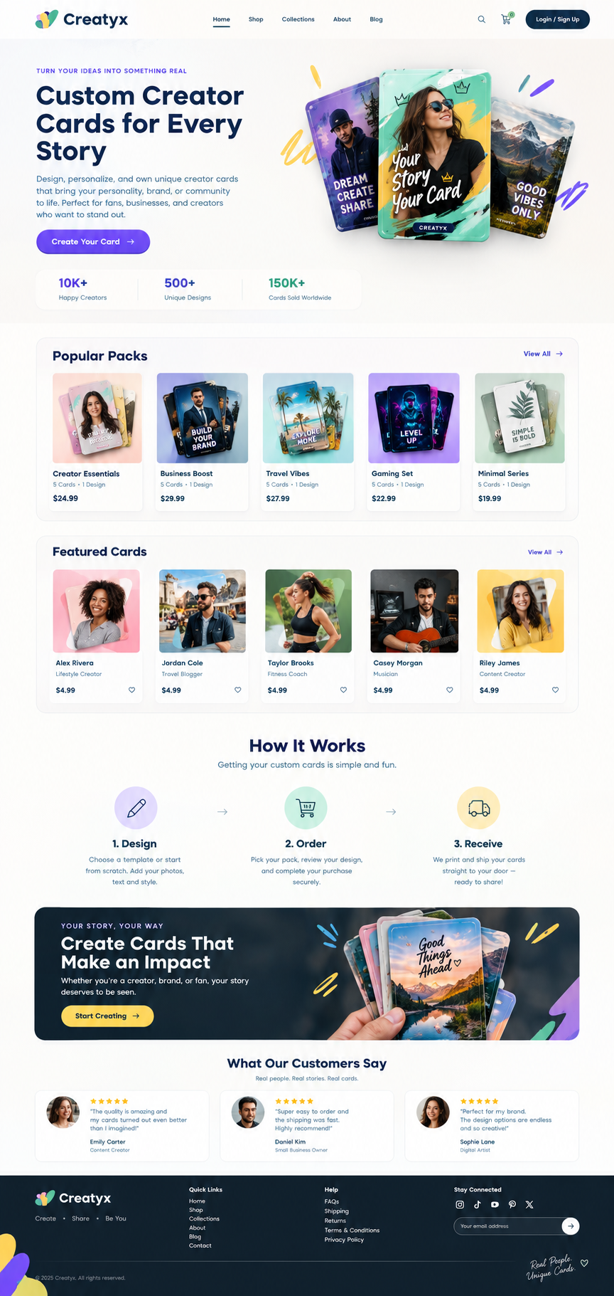 Creatyx - Custom Creator Cards & E-Commerce Web UI card mockup ui clean layout creative shop ui creator economy web design custom card website desktop ui ecommerce web design landing page design modern typography print on demand website product design responsive web design trading card ui ui design ui ux design ux design violet ui visual identity web design inspiration web layout