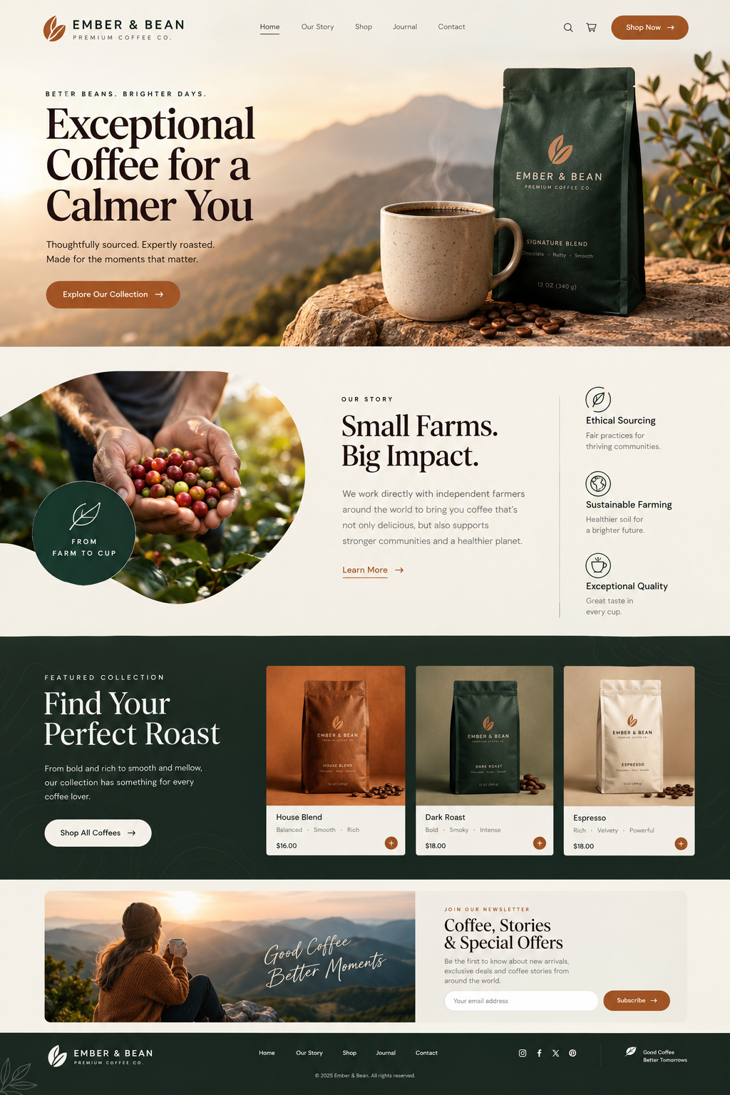 Ember & Bean - Artisanal Coffee & Specialty DTC Web Design artisanal coffee ui clean layout coffee web design desktop ui dtc ecommerce ui earth tone ui ecommerce web design forest green web design landing page design modern serif typography packaging mockup ui product design responsive web design specialty coffee website ui design ui ux design ux design visual identity web design inspiration web layout