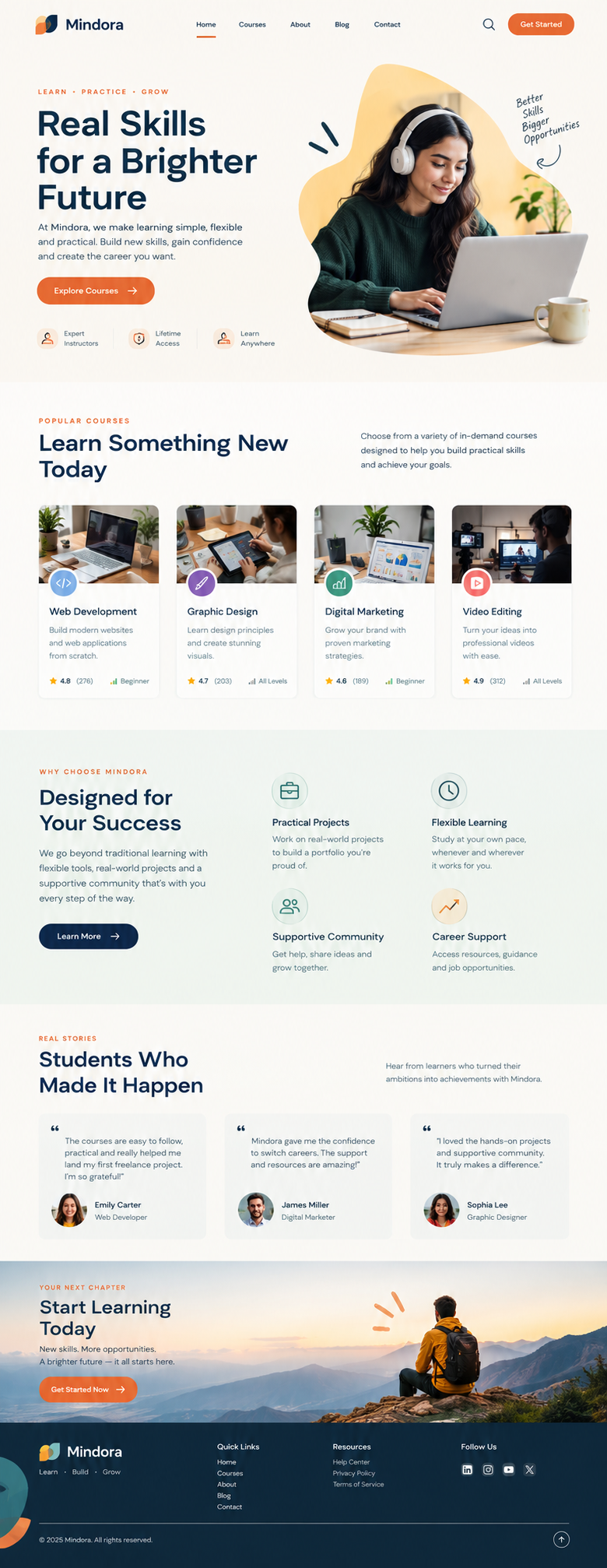Mindora - E-Learning Platform & Online Education Web UI career training website clean layout course catalog ui desktop ui edtech ui education website design elearning web design landing page design learning platform ui modern typography online course website product design responsive web design tangerine orange ui ui design ui ux design ux design visual identity web design inspiration web layout