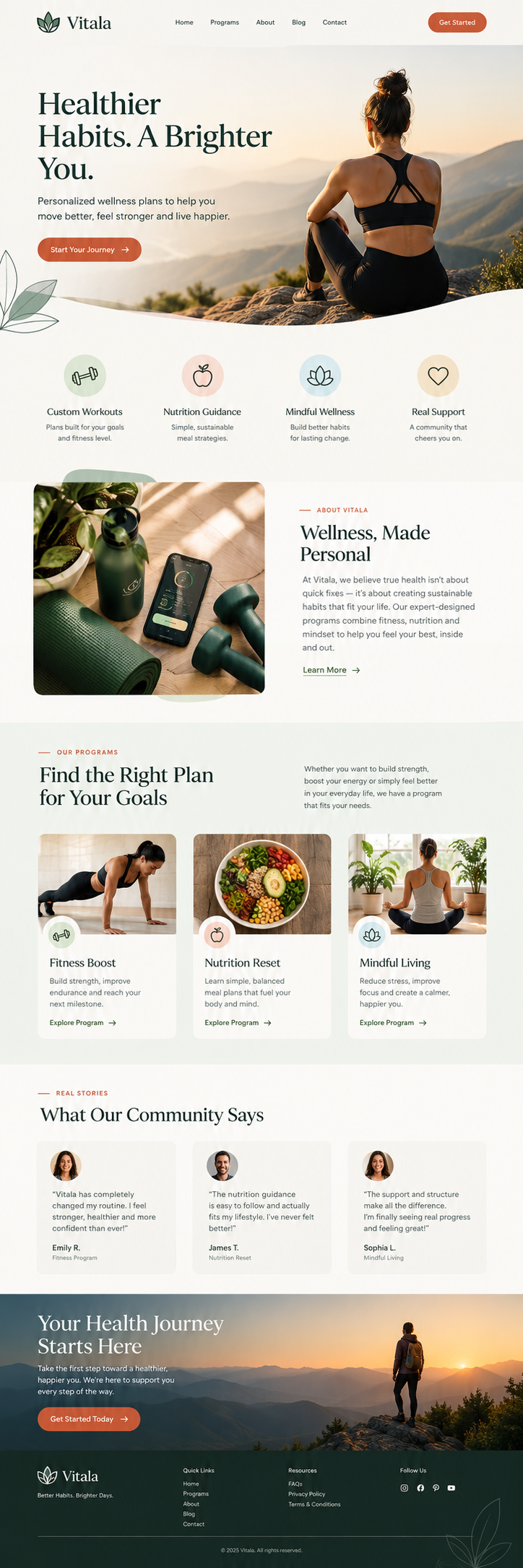Vitala - Holistic Health & Wellness Web UI/UX Design clean layout desktop ui health and fitness website holistic wellness ui landing page design lifestyle brand mindful living ui modern serif typography nutrition website product design responsive web design sage green web design terracotta ui ui design ui ux design ux design visual identity web design inspiration web layout wellness web design