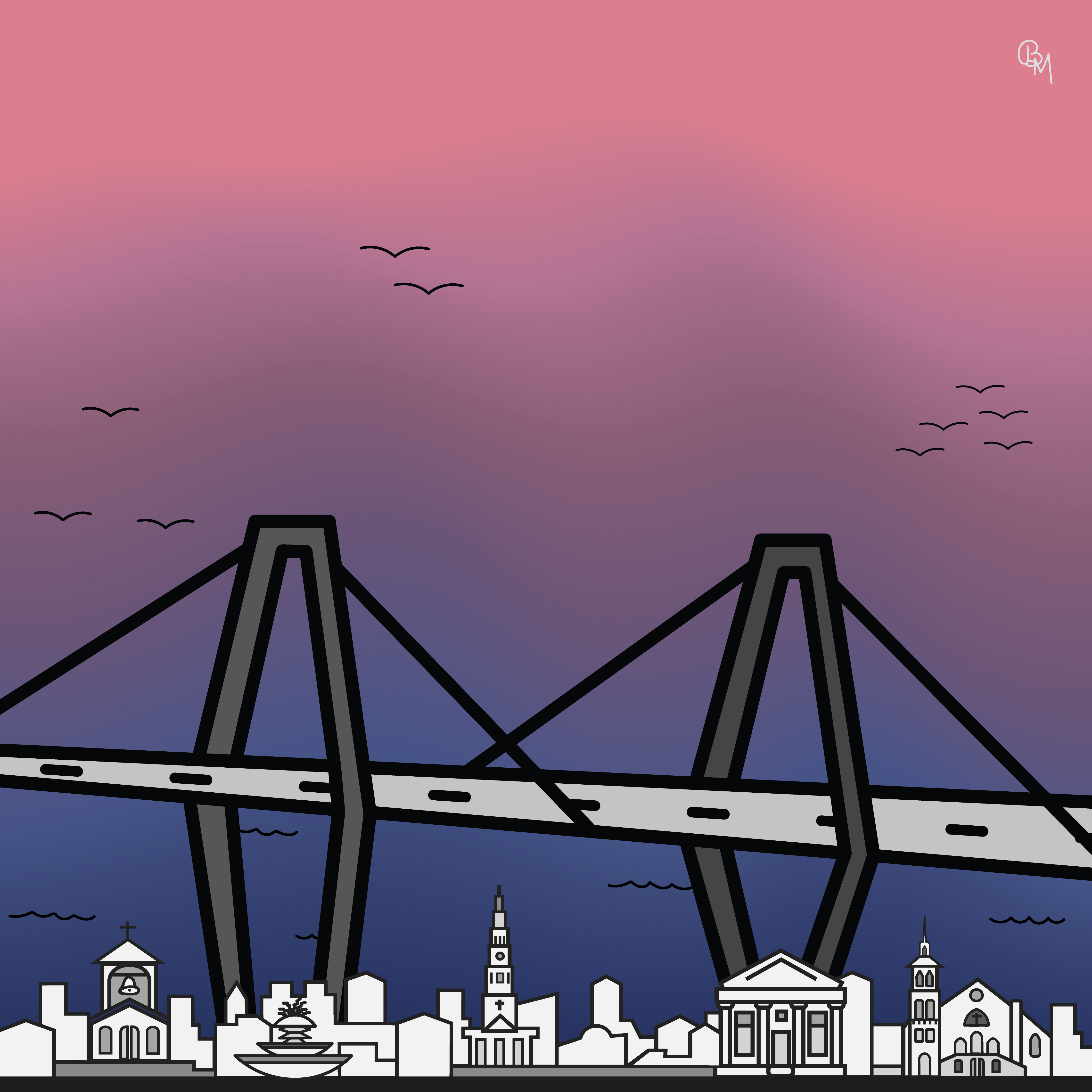 Charleston Skyline charleston color theory digital design gradients graphic design line art ravenel bridge south carolina sunset vector