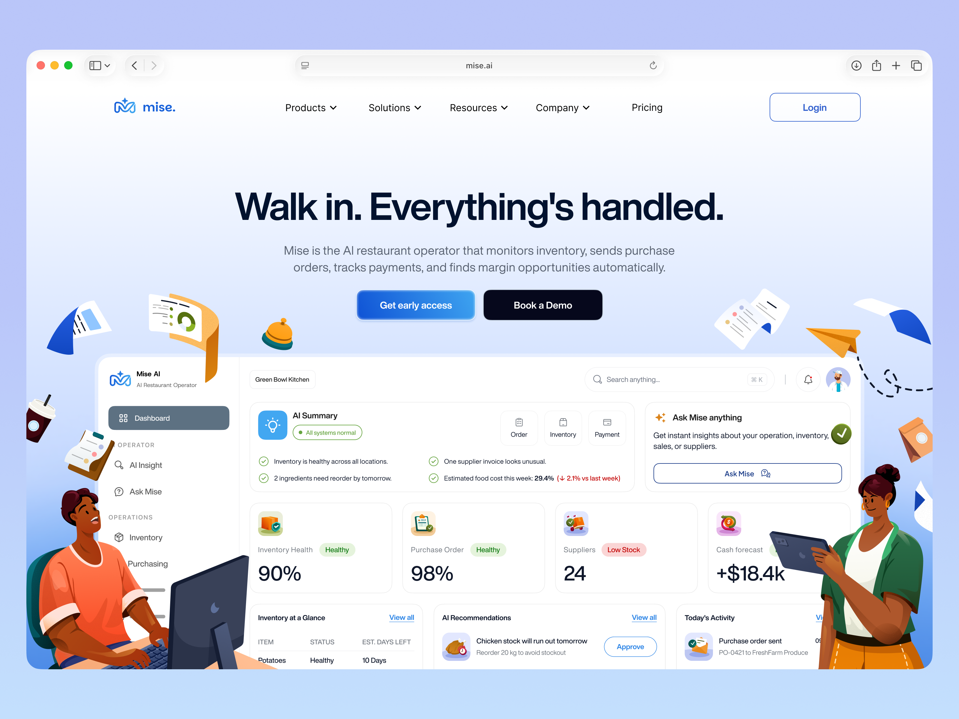 🍳 Mise — an AI operator for restaurants ai agent ai product animation clean design foodtech illustration interface landing page orely product design restaurant saas landing page ui ux web website