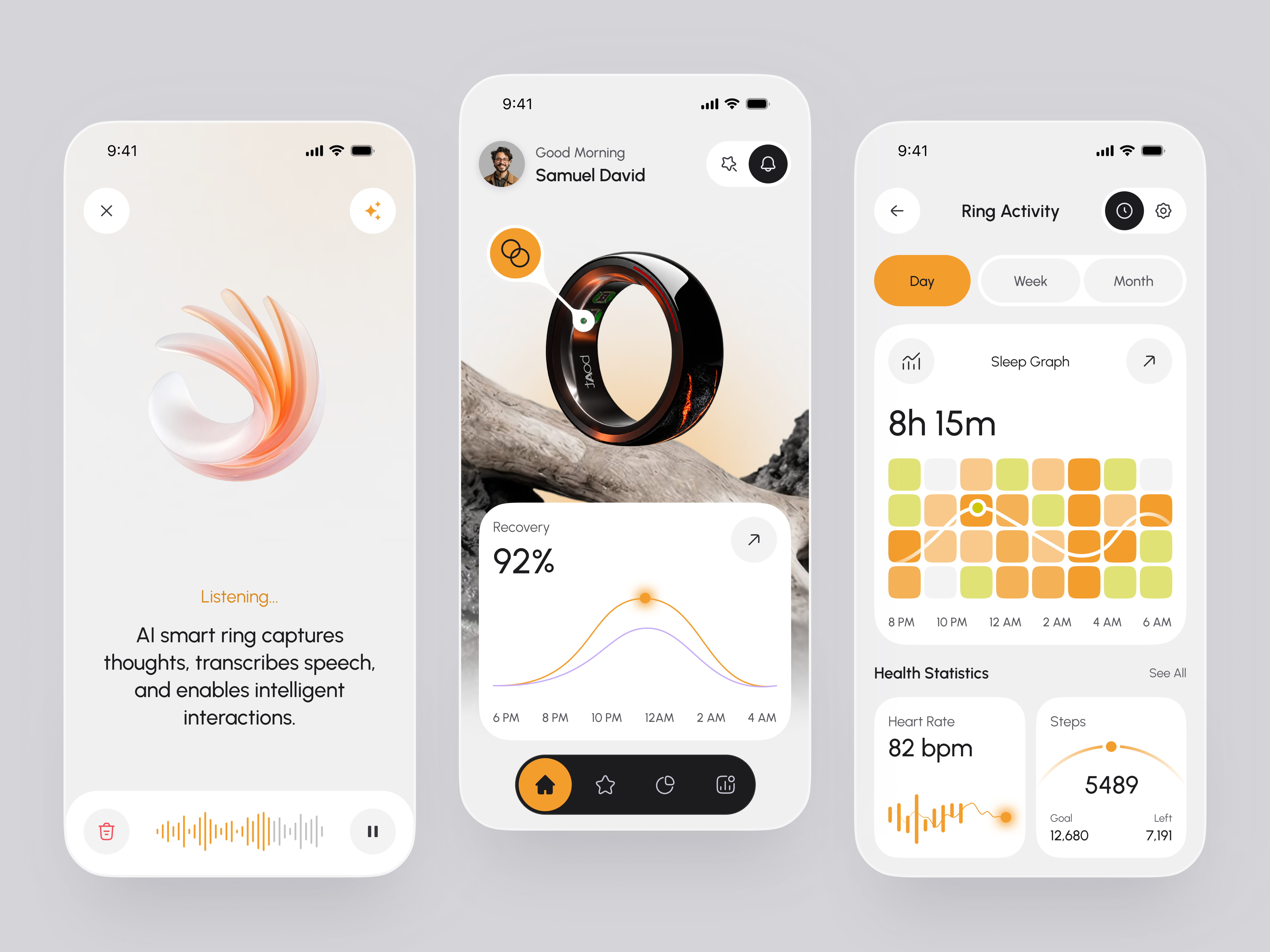 Smart Ring Mobile App - Health Tracking UI ai assistant ai health app app clean dashboard ui fitness app health monitoring health tech health tracking healthcare app minimal modern ui product smart wearables startup ui ux design wearable app web wellness