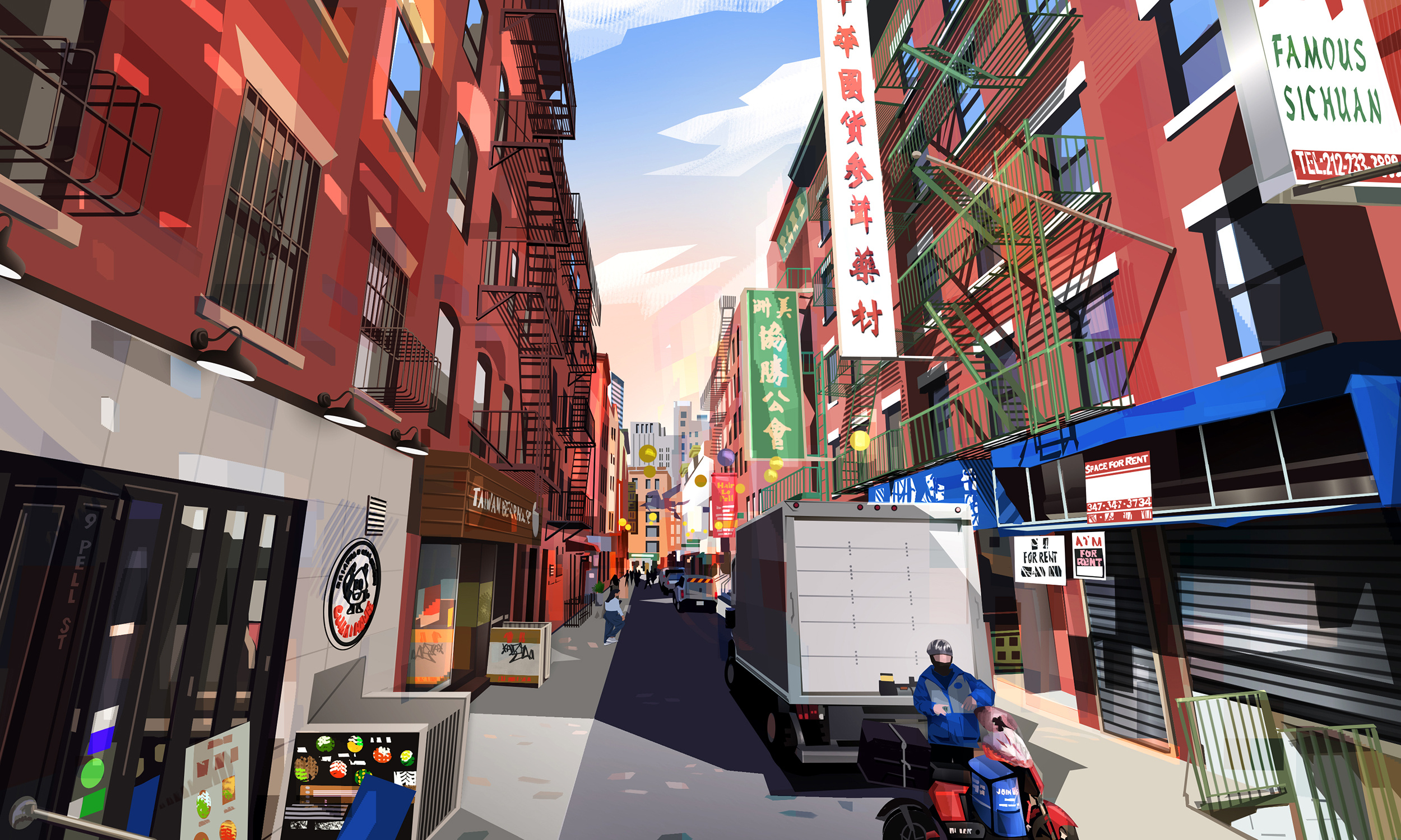 Space for Rent building chinatown city citylife colourful illustration nyc print space street vector