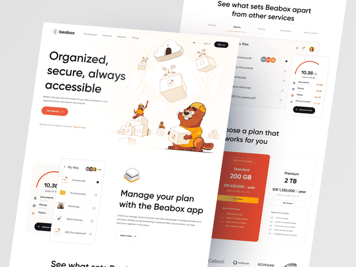 Beabox: Cloud Storage Platform 2dillustration beaver branding challenge cloud design designchallenge directory file illustration landingpage management mascot orenji orenjistudio service storage ui uiuxorenji ux