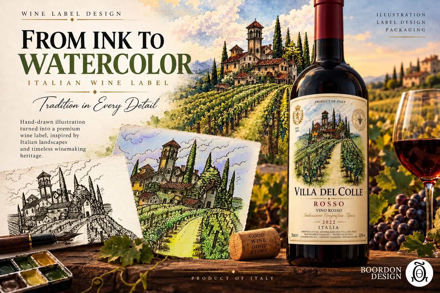 From Ink to Watercolor — Italian Wine Label Design beverage packaging bottle design branding editorial illustration graphic design hand drawn illustration ink drawing italian wine label design packaging packaging design premium packaging traditional illustration vineyard vintage illustration watercolor wine bottle wine label wine packaging